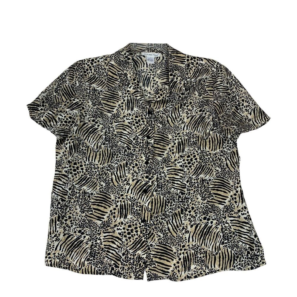 Anna & Frank‎ Shirt Womens Large Beige Silk Animal Abstract Blouse Button Up